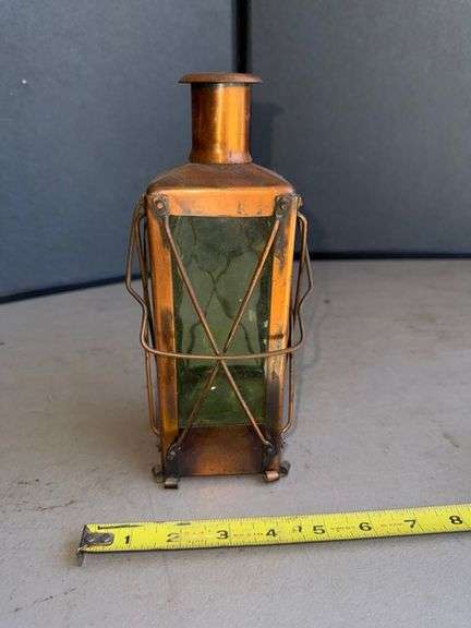 Green glass and copper decorative bottle • 10” • Garage