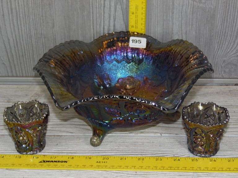 Carnival Glass Footed Bowl & Candle Holders Dunker Auction