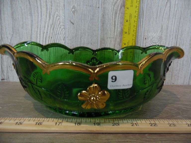 Green Glass Bowl With Gold Color Trim & Flowers - Delaware Pattern ...