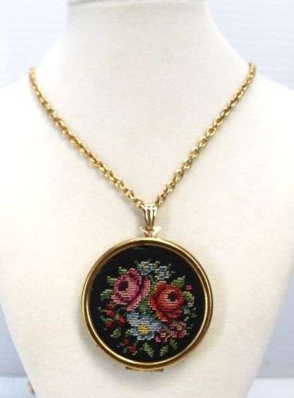 5-Necklaces: 1-Avon Bicentennial Coin Pennant, 2-Tapestry Lockets (1 Has Chain)