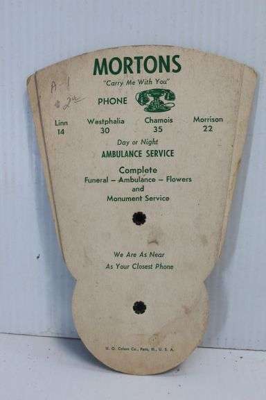 Hand Fans: Schweighauser Store Morrison, Mo.; Mortons Linn, Mo. & Central Rendering Jeff. City, Mo.