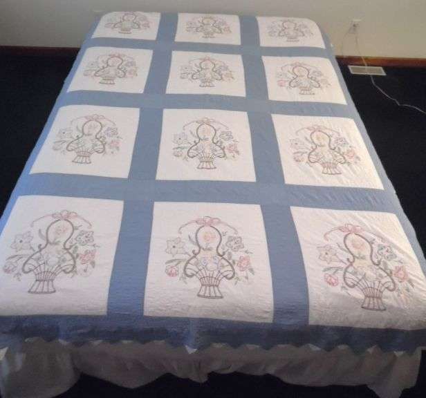 Quilt - Embroidered, Pieced & Quilted By Erna Meyer (Koch) C. 1920s - 64" x 86"