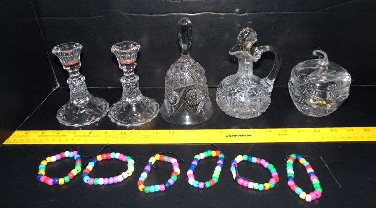 Candlestick Holders, Bell, Decanter, Beaded Bracelets