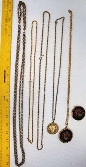 5-Necklaces: 1-Avon Bicentennial Coin Pennant, 2-Tapestry Lockets (1 Has Chain)