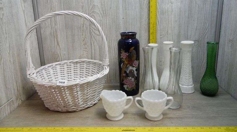 Basket, Bud Vases, Cream & Sugar
