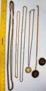5-Necklaces: 1-Avon Bicentennial Coin Pennant, 2-Tapestry Lockets (1 Has Chain)