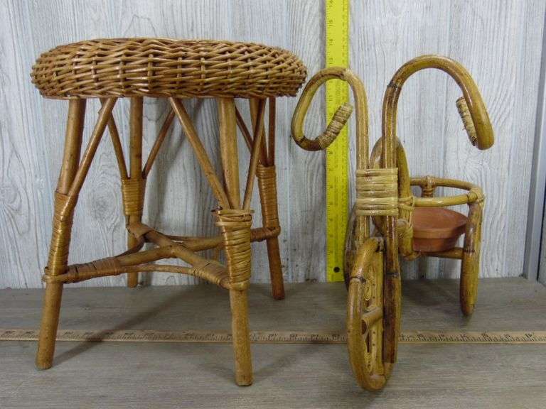 Mid-Century Wicker Rattan Vanity Footstool & Tricycle Plant Stand