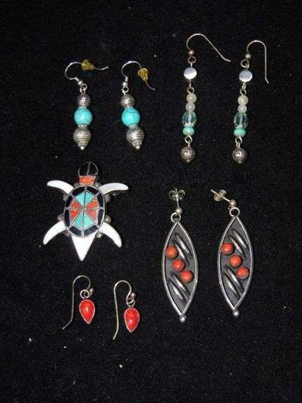 Four Pairs Of Native American Earrings & Turtle Brooch