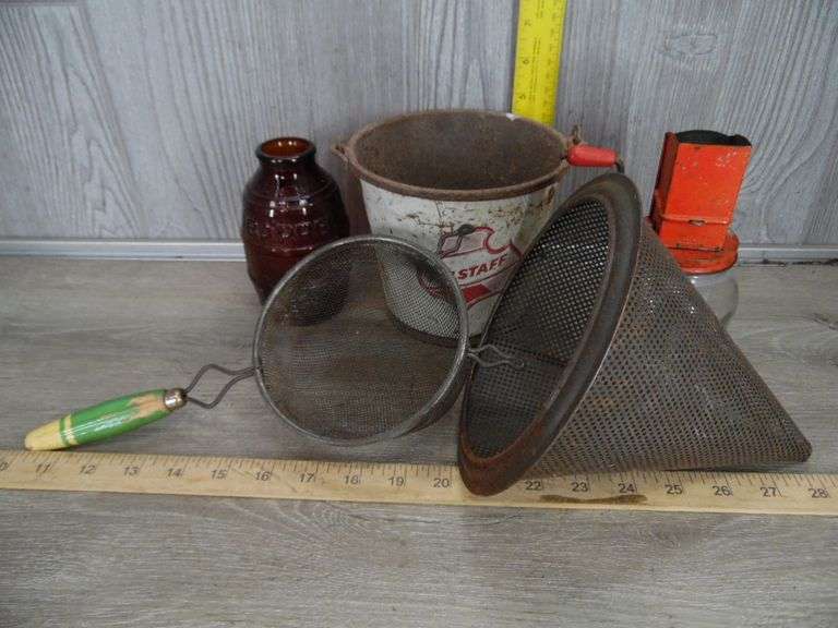 Falstaff Bucket, Glass Beer Barrel, Nut Grinder & Strainers