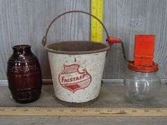 Falstaff Bucket, Glass Beer Barrel, Nut Grinder & Strainers