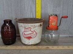 Falstaff Bucket, Glass Beer Barrel, Nut Grinder & Strainers