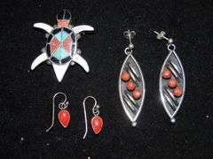 Four Pairs Of Native American Earrings & Turtle Brooch
