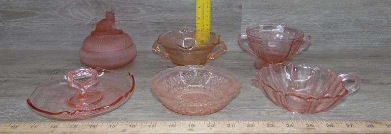 Pink Depression Glass Sugar Bowls, Tidbit Tray & Cat Lidded Dish
