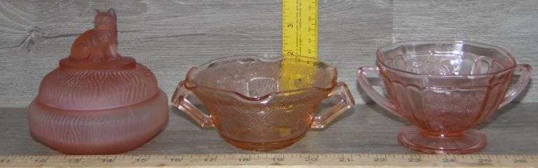 Pink Depression Glass Sugar Bowls, Tidbit Tray & Cat Lidded Dish
