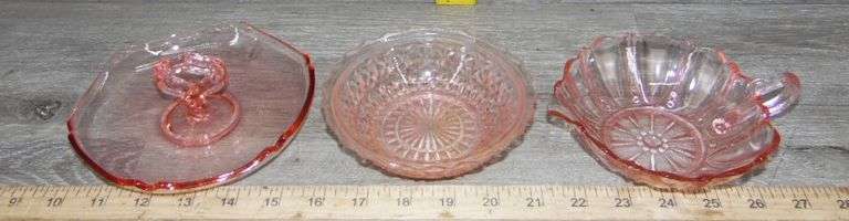 Pink Depression Glass Sugar Bowls, Tidbit Tray & Cat Lidded Dish