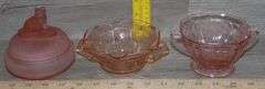 Pink Depression Glass Sugar Bowls, Tidbit Tray & Cat Lidded Dish