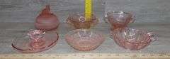 Pink Depression Glass Sugar Bowls, Tidbit Tray & Cat Lidded Dish