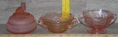 Pink Depression Glass Sugar Bowls, Tidbit Tray & Cat Lidded Dish