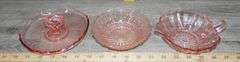Pink Depression Glass Sugar Bowls, Tidbit Tray & Cat Lidded Dish