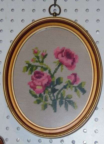 Four Cross Stitched Roses In Oval Frames 9" x 12"