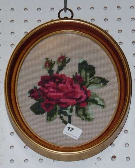 Four Cross Stitched Roses In Oval Frames 9" x 12"