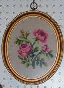 Four Cross Stitched Roses In Oval Frames 9" x 12"