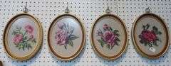 Four Cross Stitched Roses In Oval Frames 9" x 12"