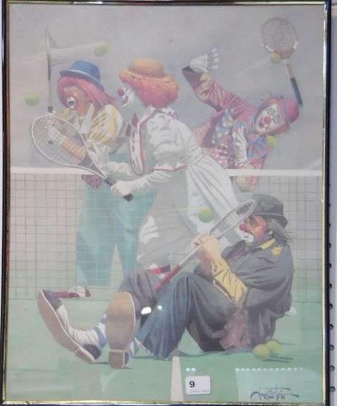 Clowns Playing Tennis By Chuck Oberstein - 20" x 16"
