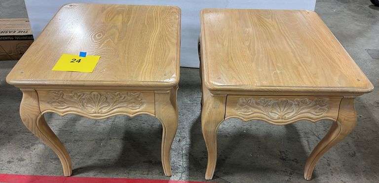 (2) DAVIS CABINET COMPANY SQUARE WOOD CARVED SIDE TABLES