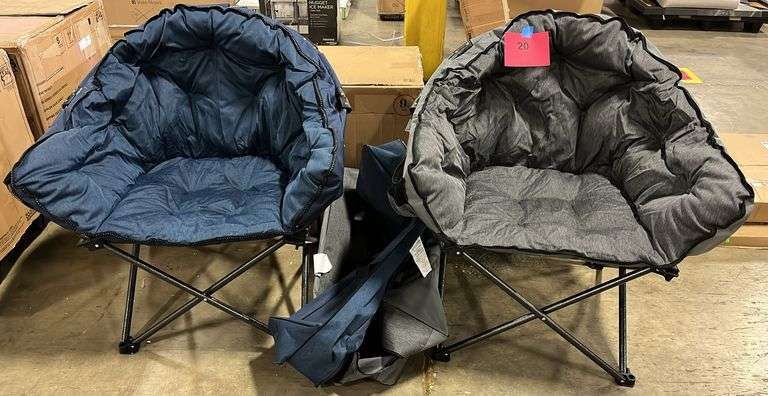 (2) PORTABLE FOLDING COZY CLUB CHAIRS W/ BAGS - BLUE & GREY
