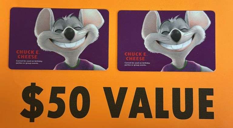 (2) CHUCK E CHEESE $25 GIFT CARDS ($50 TOTAL VALUE)