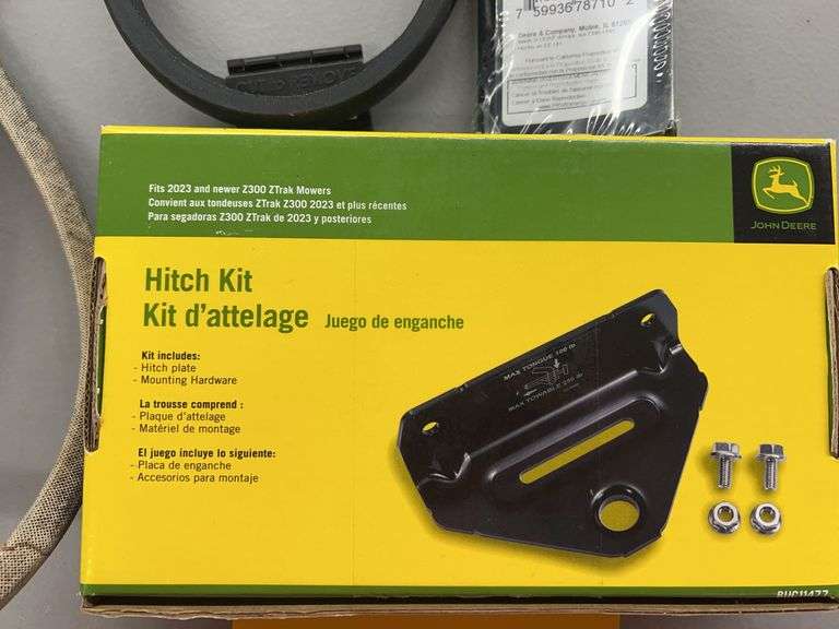 4PC JOHN DEERE LOT - MOWER BELTS, BLADES & HITCH KIT