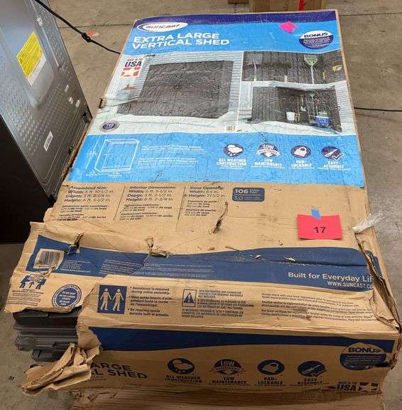 AS IS - SUNCAST XL VERTICAL SHED IN BOX