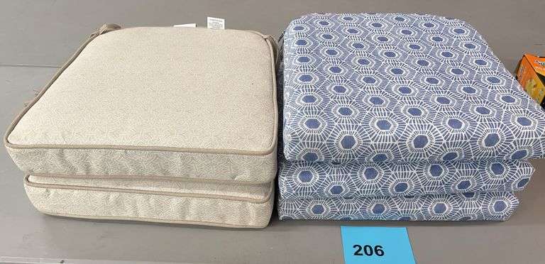 (5) ALL WEATHER PATIO CHAIR CUSHIONS - BLUE & BEIGE