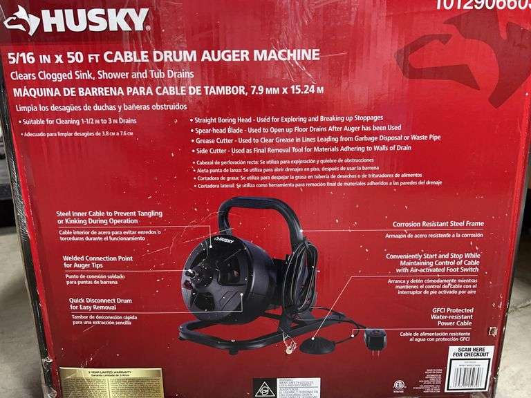 HUSKY 5/16" x 50FT CABLE DRUM AUGER MACHINE IN BOX