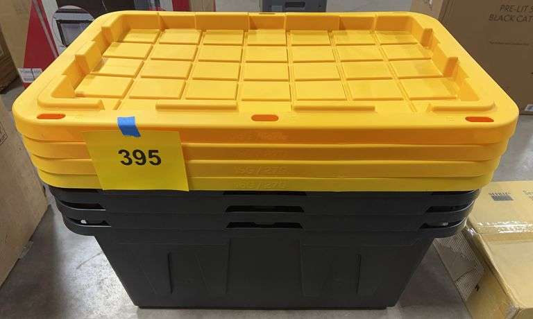 (4) PLASTIC STORAGE TOTES W/ LIDS - BLACK & YELLOW