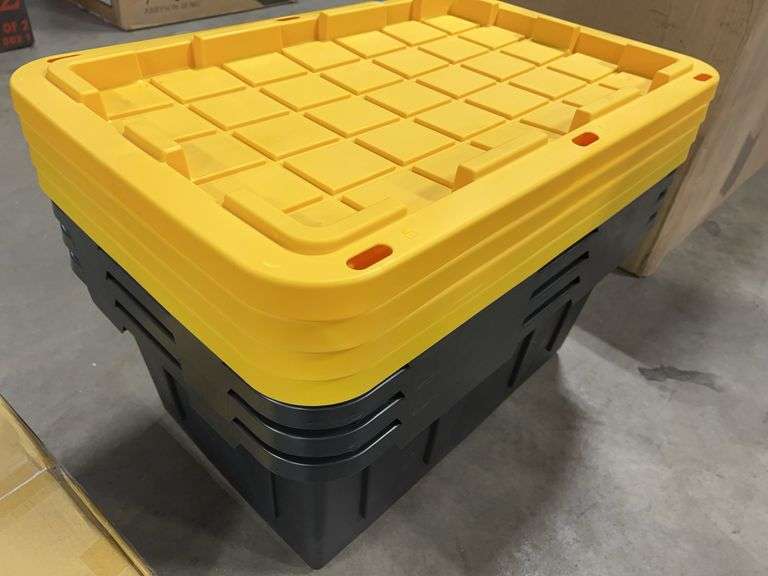 (4) PLASTIC STORAGE TOTES W/ LIDS - BLACK & YELLOW