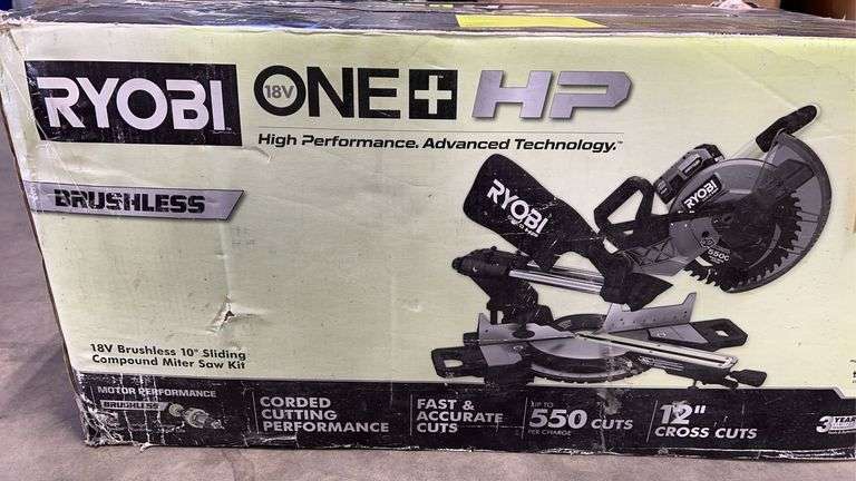 AS IS - RYOBI 18V BRUSHLESS 10" SLIDING COMPOUND MITER SAW KIT IN BOX