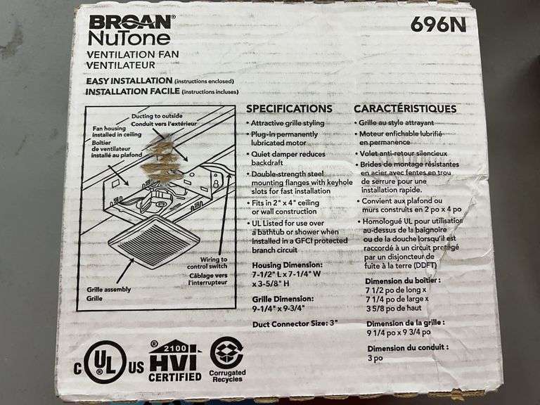 BROAN NUTONE VENTILATION FAN IN BOX
