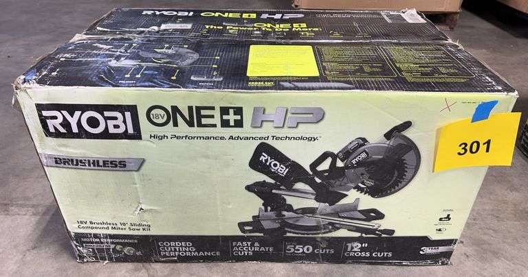 AS IS - RYOBI 18V BRUSHLESS 10" SLIDING COMPOUND MITER SAW KIT IN BOX