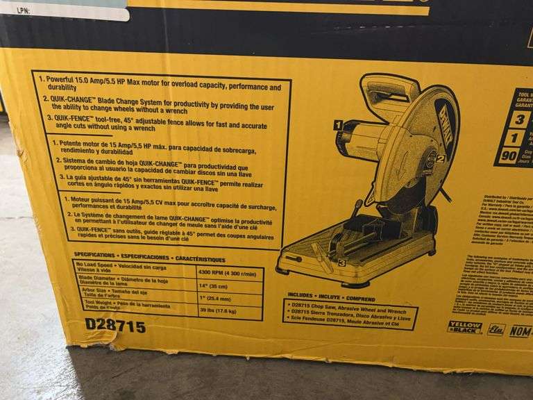 DEWALT 14" CHOP SAW W/ BLADE CHANGE SYSTEM IN BOX