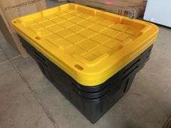 (4) PLASTIC STORAGE TOTES W/ (2) LIDS - BLACK & YELLOW