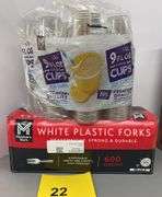 BOX OF PLASTIC FORKS & PACK OF CUPS