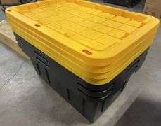 (4) PLASTIC STORAGE TOTES W/ LIDS - BLACK & YELLOW