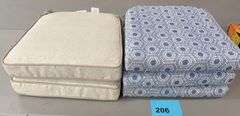 (5) ALL WEATHER PATIO CHAIR CUSHIONS - BLUE & BEIGE