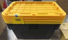 (4) PLASTIC STORAGE TOTES W/ LIDS - BLACK & YELLOW