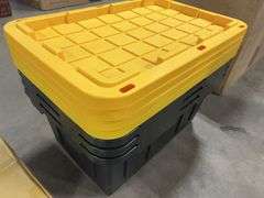 (4) PLASTIC STORAGE TOTES W/ LIDS - BLACK & YELLOW