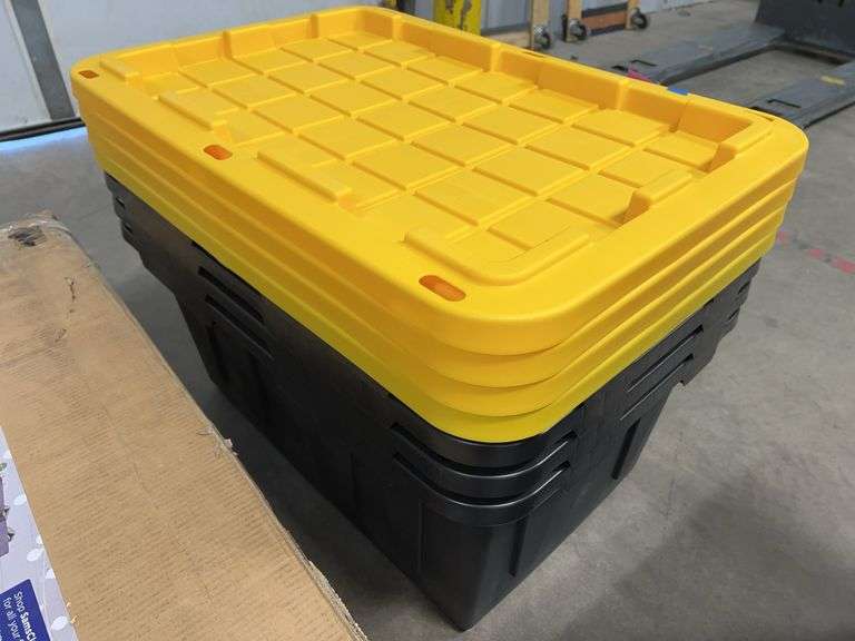(4) PLASTIC STORAGE TOTES W/ LIDS - BLACK & YELLOW