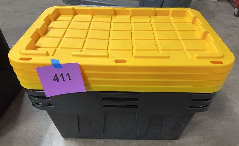 (4) PLASTIC STORAGE TOTES W/ LIDS - BLACK & YELLOW
