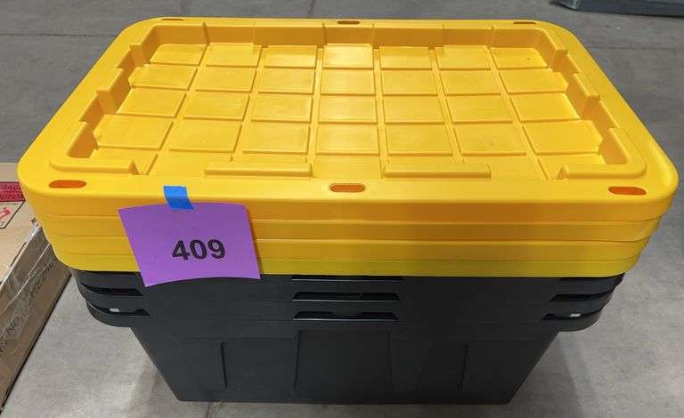 (4) PLASTIC STORAGE TOTES W/ LIDS - BLACK & YELLOW
